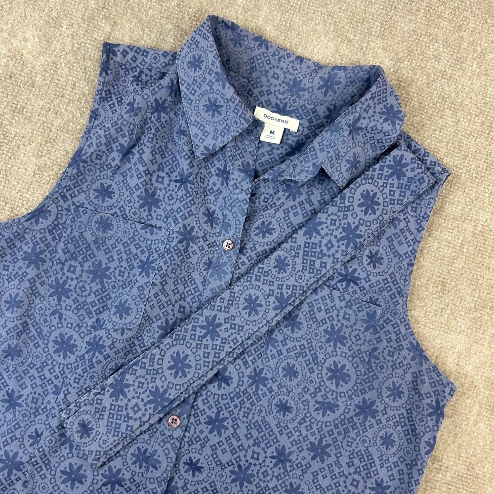 Dockers Shirt Women's Medium Blue Floral Cotton Belted Sleeveless Button-Up